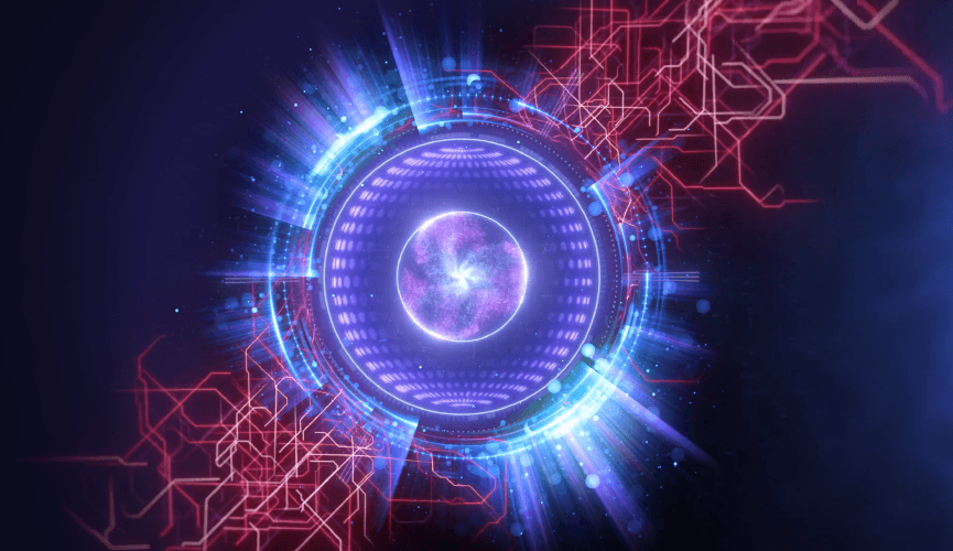 Abstract purple orb shining over red lines and a dark blue background