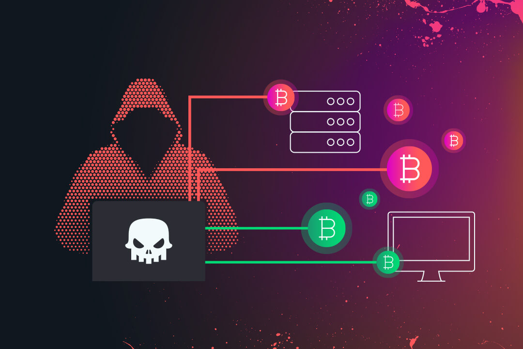 Icons of a hacker on a computer with digital currency icons on a dark red gradient background