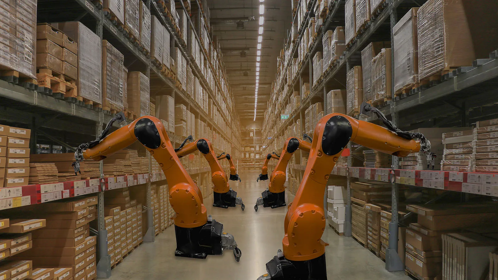 Orange robots in a large packaging warehouse