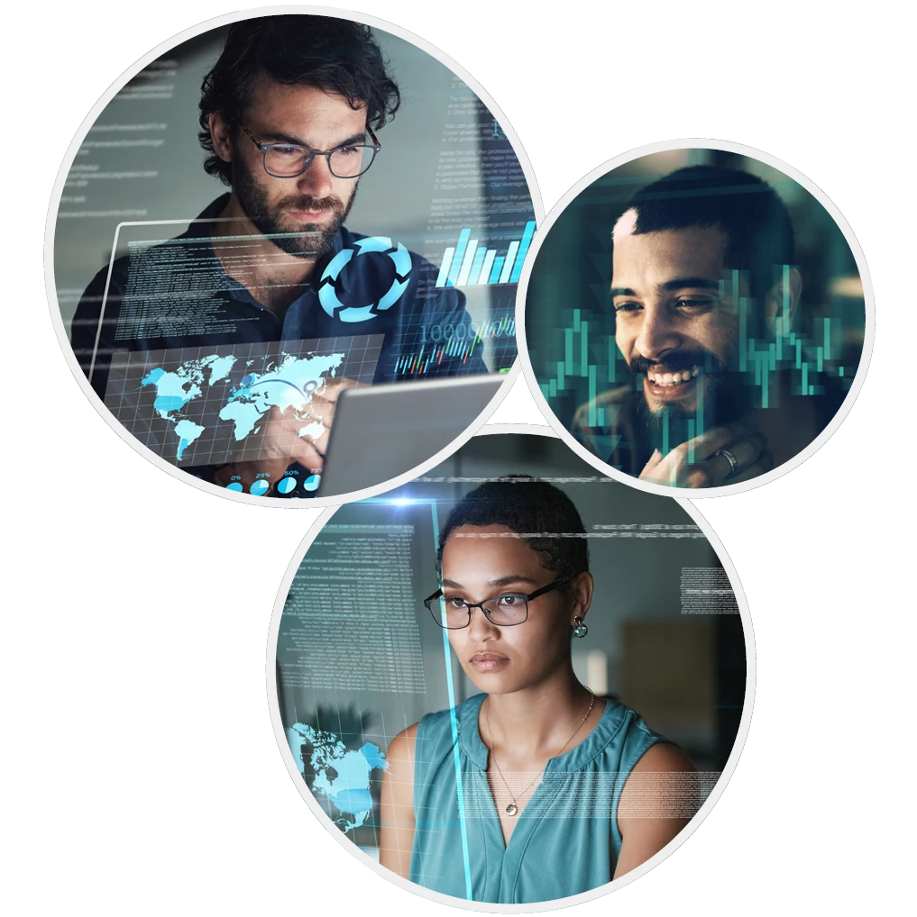 Three headshots of people looking at screens