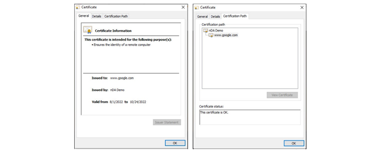 A certificate issued by a decryption appliance
