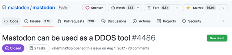 GitHub Mastodon issue showing DDOS known issue from 2027