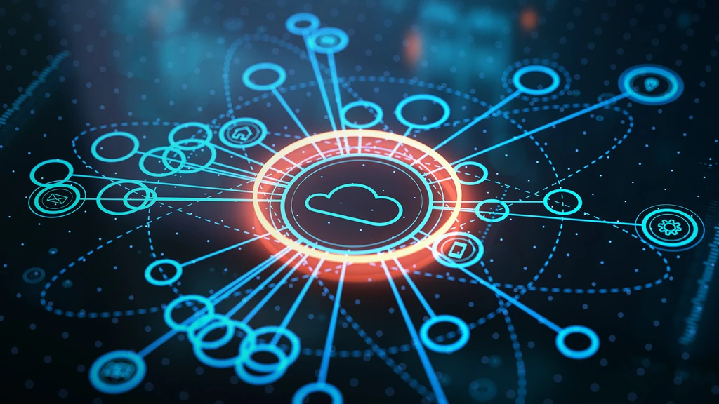 Cloud with glowing orange ring around it, blue lines coming out of orange ring the go to smaller blue circles
