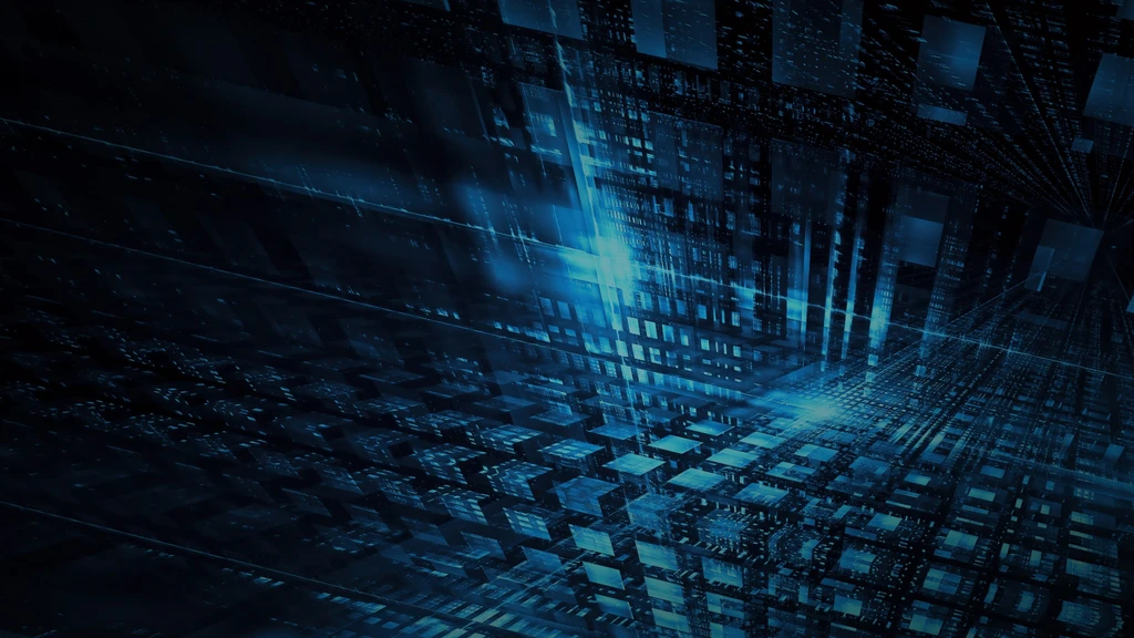 Abstract dark black and blue 3D grid of small chip-like squares