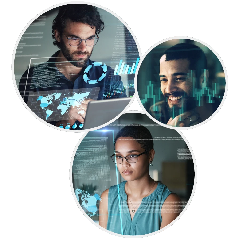Three headshots of people looking at screens