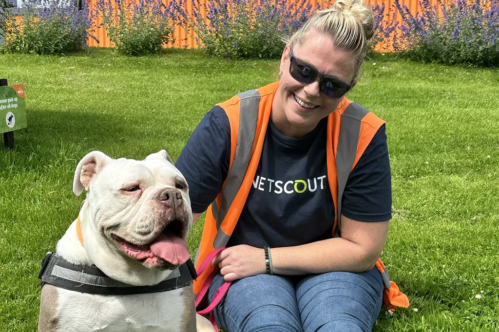 NETSCOUT employee in orange vest sitting on the lawn with a rescue dog