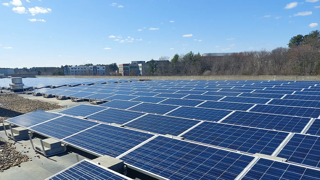 Large array of solar panels on NETSCOUT's Westford, MA office