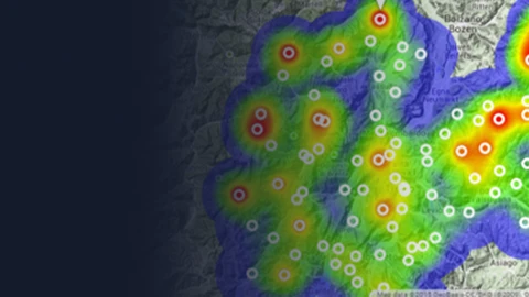 Topography map with radar coloring indicating 5G coverage outages