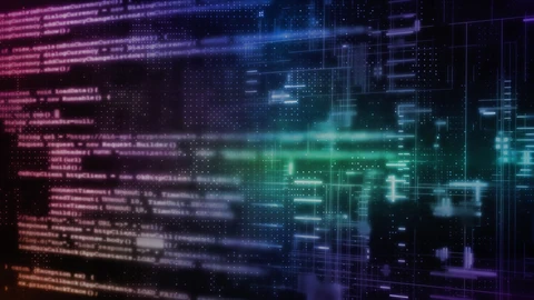 Abstract colored code overlay on dark background