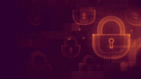 Dark red-orange background with orange shapes of a security lock