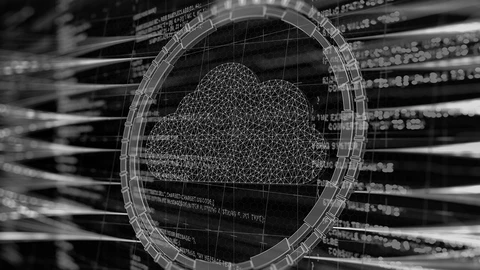 Greyscale background of blurred code with a ring and a cloud icon in the foreground