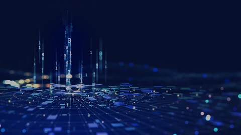 Dark blue-purple abstract skewed circle chart with zeros and ones flowing from top