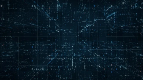 Dark blue background with lighter blue and red lines, dots, and rectangles in a matrix-like perspective coming towards the user