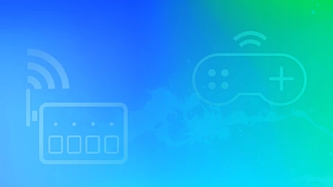 Blue, teal, and green gradient background with white icons of a wireless console and a gaming controller