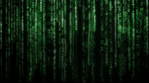 Dark green vertical lines of code on black background