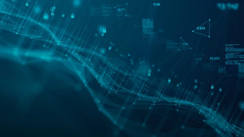 Blueish nodes and lines with lock icons and small text