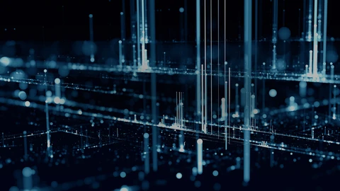 Abstract dark background with blue and grey dots of differing shades in a band across