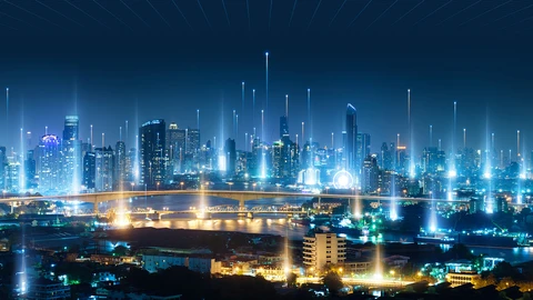 Cityscape at night with overlay lines in bright spaces