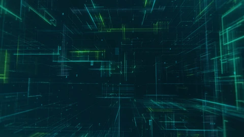 Abstract digital 3D grid lines in green and teal