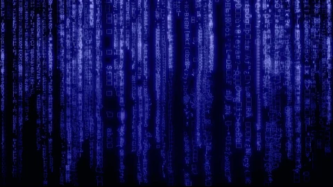 Purple gibberish code text turned sideways on dark background