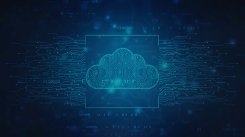 Blue circuit lines in the shape of a cloud icon