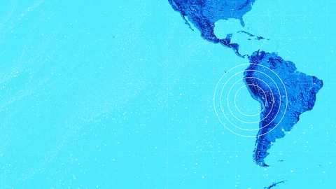 The Americas in dark blue on light blue background