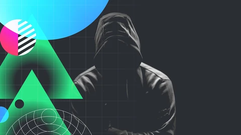 Dark hooded figure with abstract colored shapes