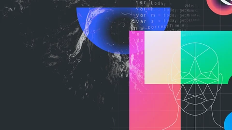 Black background with color images and scanned face