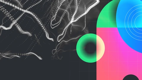 black background with white and color images on the right