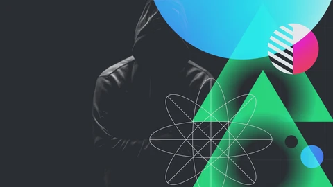 Dark background with person in black clothing and colored images