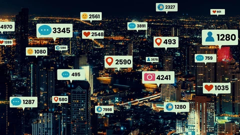 Cityscape at night with overlay emoji and number bubbles