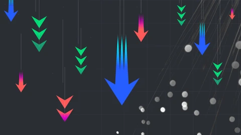 Red blue and green down arrows on black background