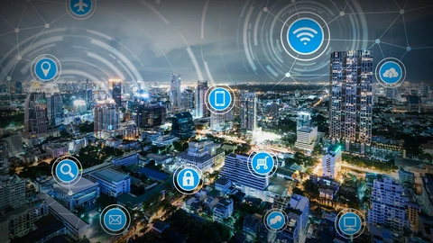 Downtown City with images of locks/wifi