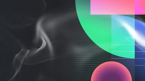 Smoke illustrated on black to grey background with quarter, half green and pink circles on left side