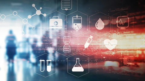 Background of hospital with beakers, test tubes, needles, heart, suitcase in foreground