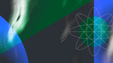 Quarter picture of blue & green circle in left lower corner, screen color split with green upper half & black lower with green circle and 4 spherical rings around it.