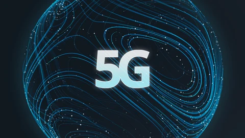 Sphere with blue lines swirling around it on black background with white 5G in the middle.