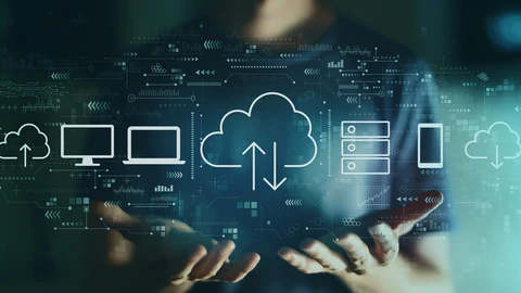 Two hands supporting a cloud of information with drawings of a Monitor, a Laptop, clouds with up and down arrows, and cell phone