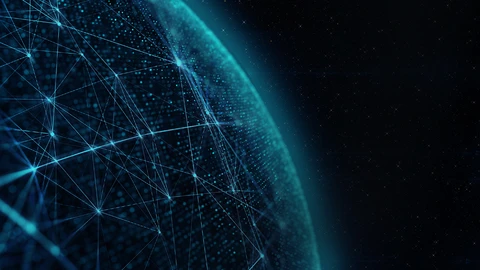 Black background with translucent quarter earth on left and blue highlights depicting IoT.