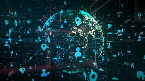 Black background and blue earth with images of device types, subscribers bursting out