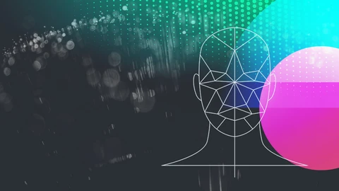 Black background with a grey bubble floating on the left and right a design out of different shapes resembling human head.