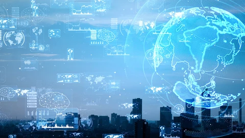 City Metropolis digital earth over head being connected together with AI applications