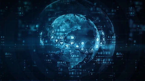 Black background with translucent globe with digital applications