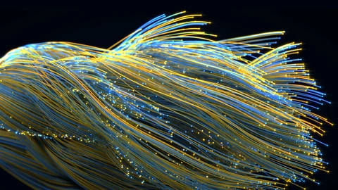 Hundreds of intertwined blue and yellow fiber optic cables