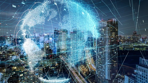 Translucent earth over a city with cables running through it.