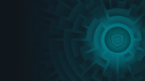 dark teal background maze with shield and globe