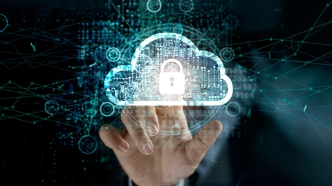 hand with index finger pointing at a keylock inside a cloud drawing