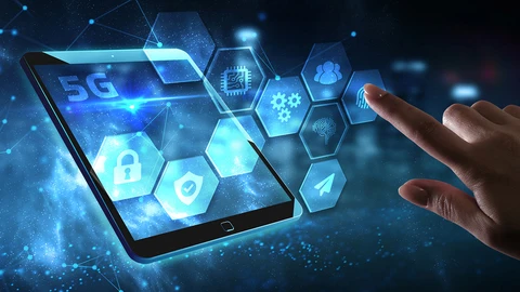 Cell phone with images of 5G, Lock, gears and hand choosing from selection