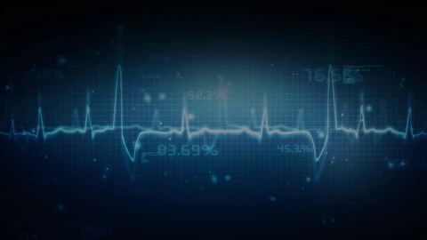 dark blue background with light blue heart wavelines and numbers